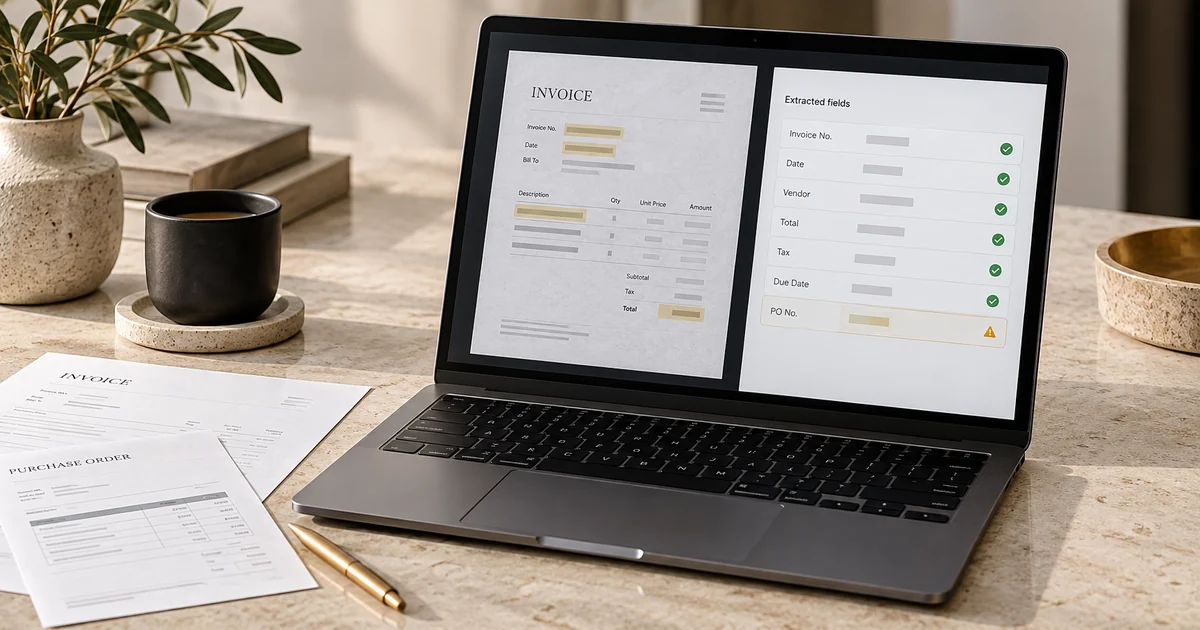 AI-generated concept of a laptop displaying a source document alongside fields for review
