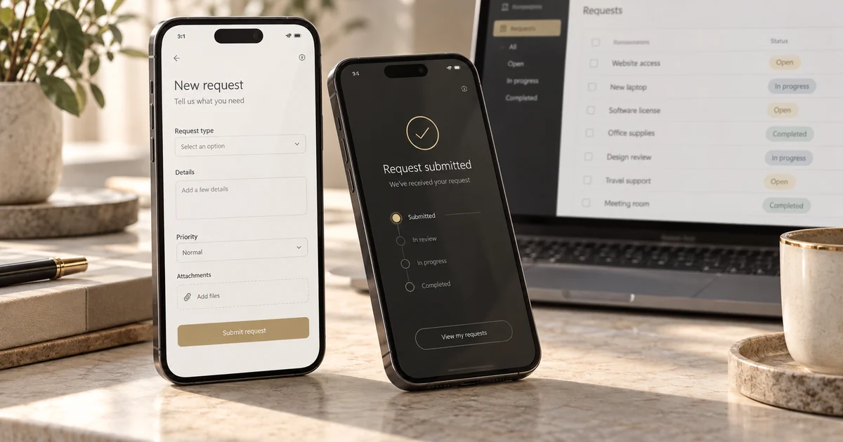 AI-generated concept of two phones showing a request form and submission status, with an admin interface behind them