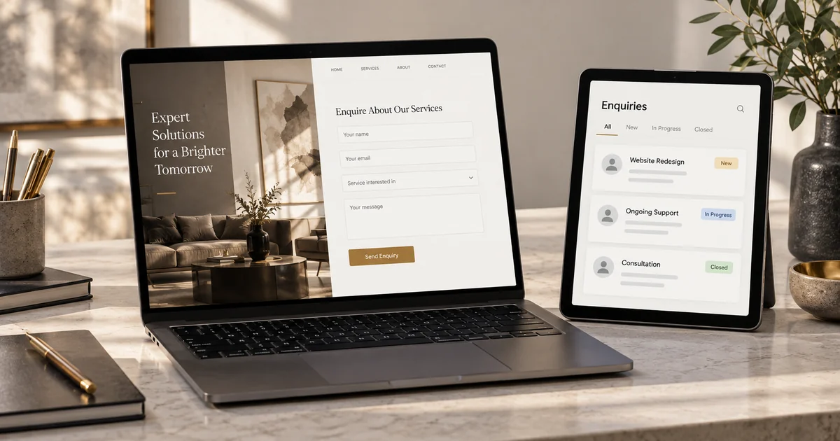 AI-generated concept of a website enquiry form on a laptop and a follow-up list on a tablet