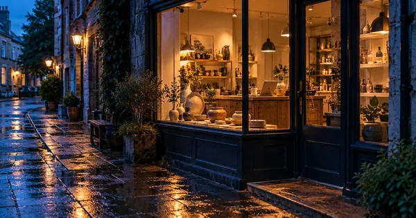 雨后傍晚的设计小店与店内工作柜台
