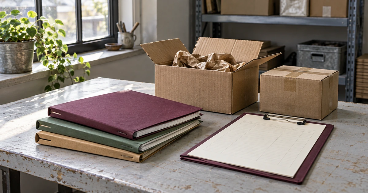 Document binders, a clipboard and cartons on a receiving counter