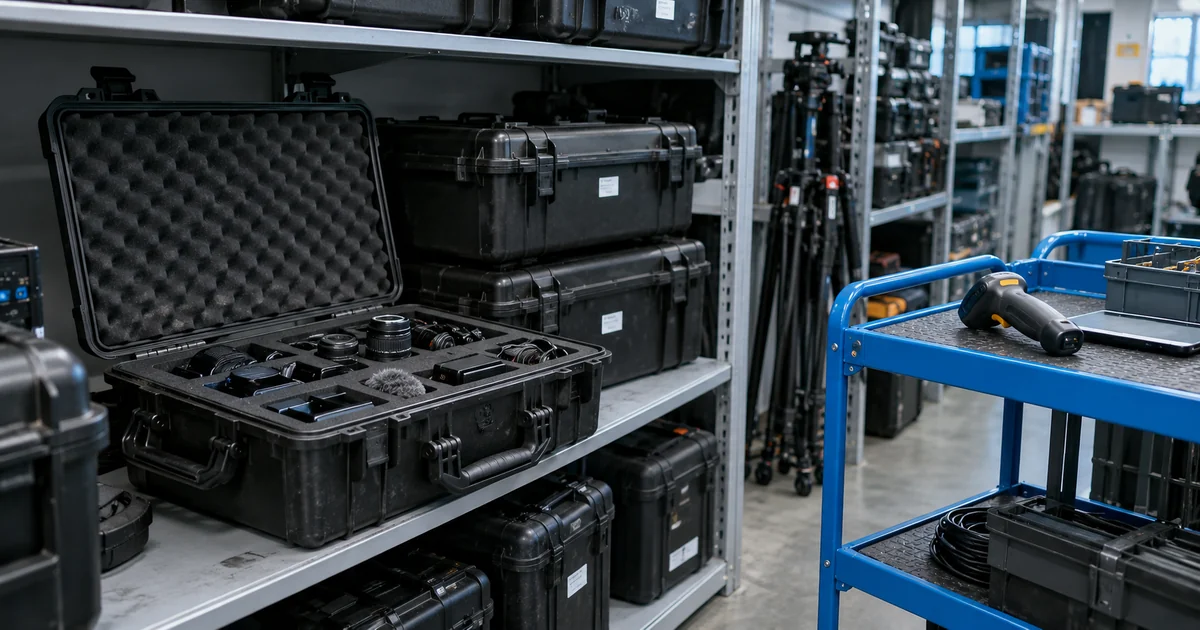 Equipment cases and a checkout scanner in a gear store