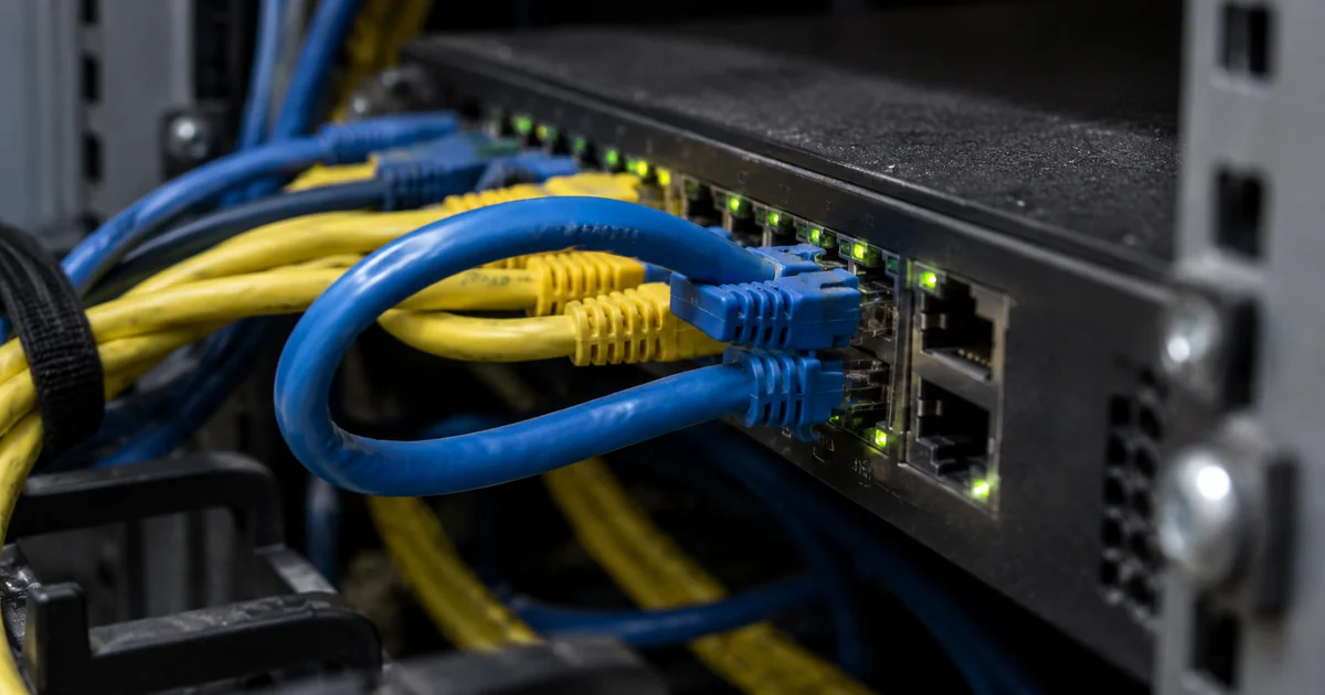 A network switch with blue and yellow ethernet cables