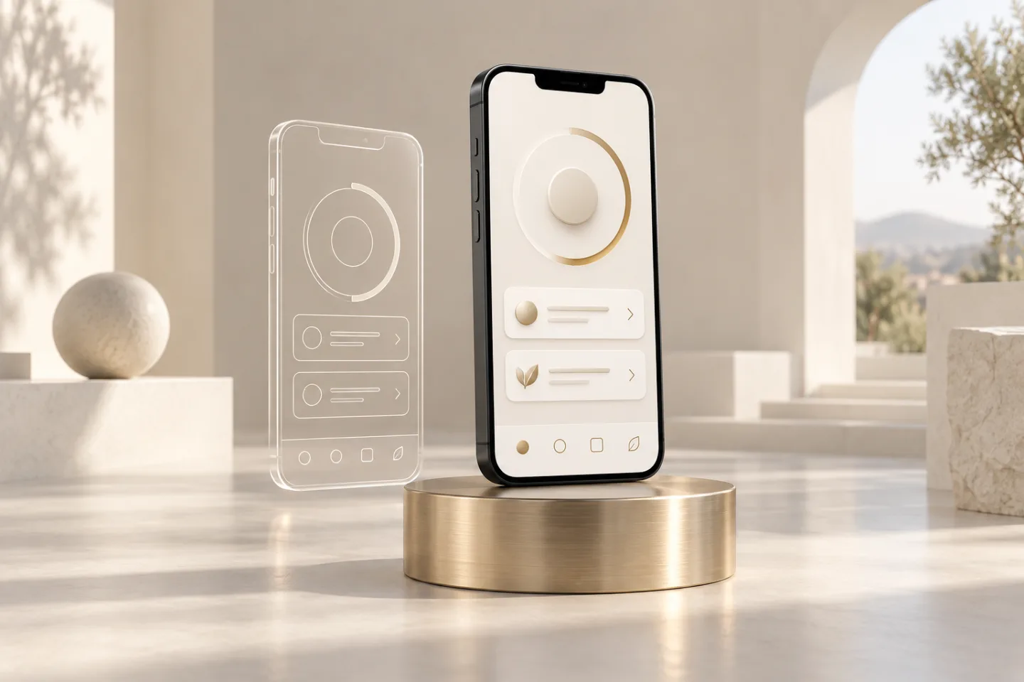 Concept illustration showing an interface sketch becoming a complete mobile app