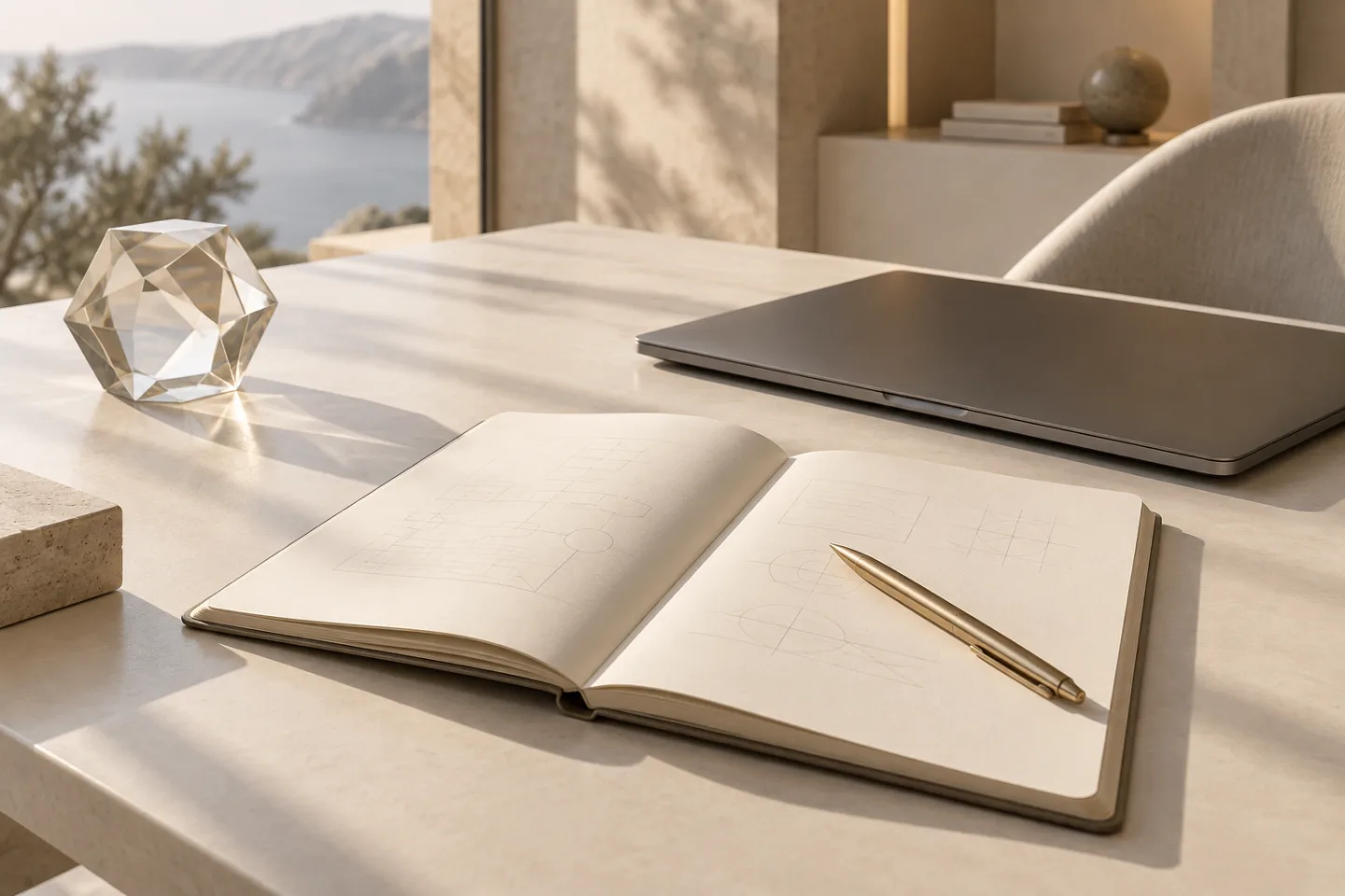 Concept illustration of a technical planning desk with notes and a computer