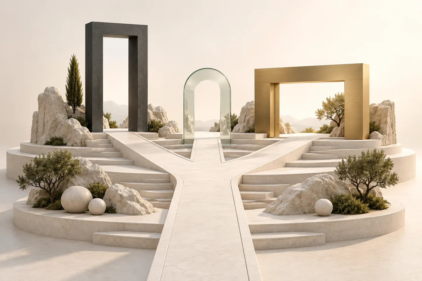 Concept illustration of different paths leading to architectural entrances
